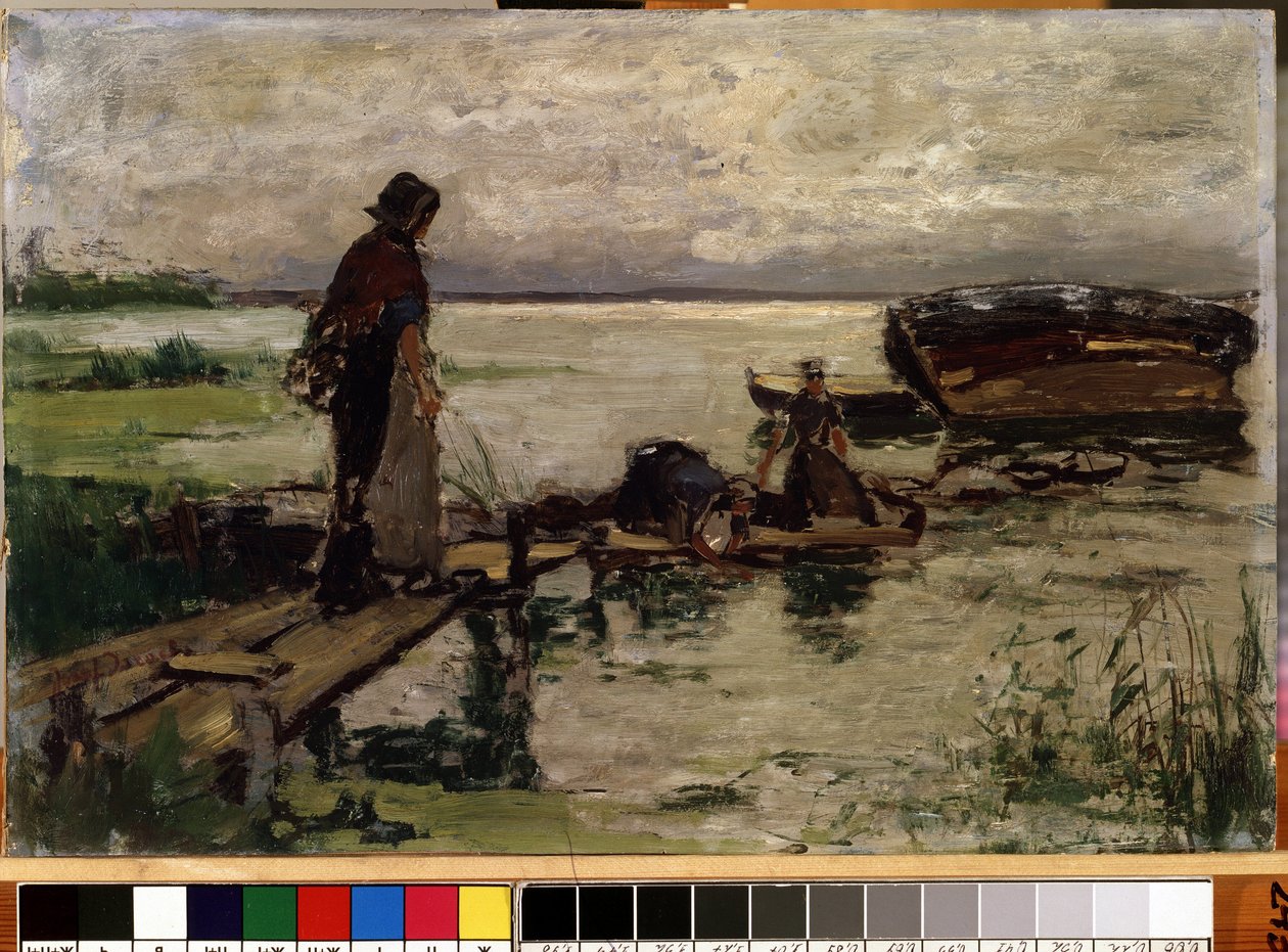 "Kıyıda" (Deniz kıyısında) Su kenarında Hollandalı köylü kadınlar. Josef Israels (1824-1911) tarafından yapılan boyama Mikalojus Konstantinas Ciurlionis Güzel Sanatlar Müzesi, Kaunas, Litvanya by Jozef  Israels