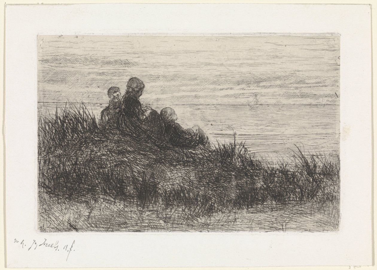 Anne ve çocukları ile kumul manzara by Jozef Israëls (signed by artist)