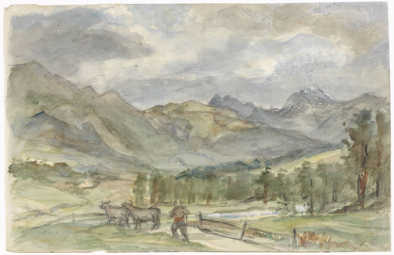 Çoban ve iki inek ile dağ manzarası by Jozef Israëls