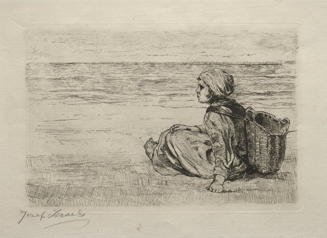 Sahilde oturan sepetli kız by Jozef Israëls