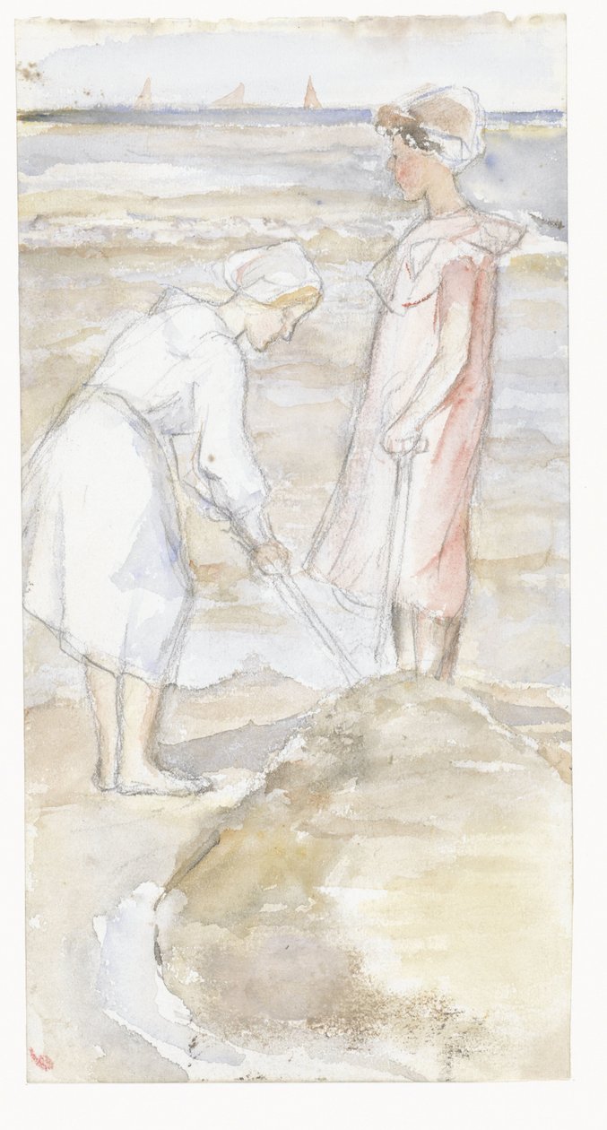 Sahilde pembe ve beyaz iki kız by Jozef Israëls