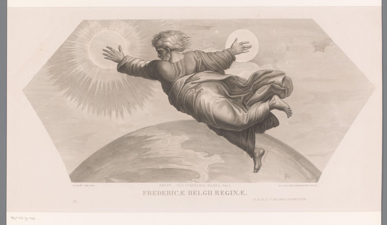 Tanrı güneşi ve ayı yaratır Fecit duo luminaria magna. gen. I. Fredericae Belgii reginae (nesne üzerindeki başlık) Les loges de Raphaël (...) sujets de la bible (dizi başlığı) Raphael'in Localarından İncil sahneleri (dizi başlığı) by Jozef Karel De Meulemeester