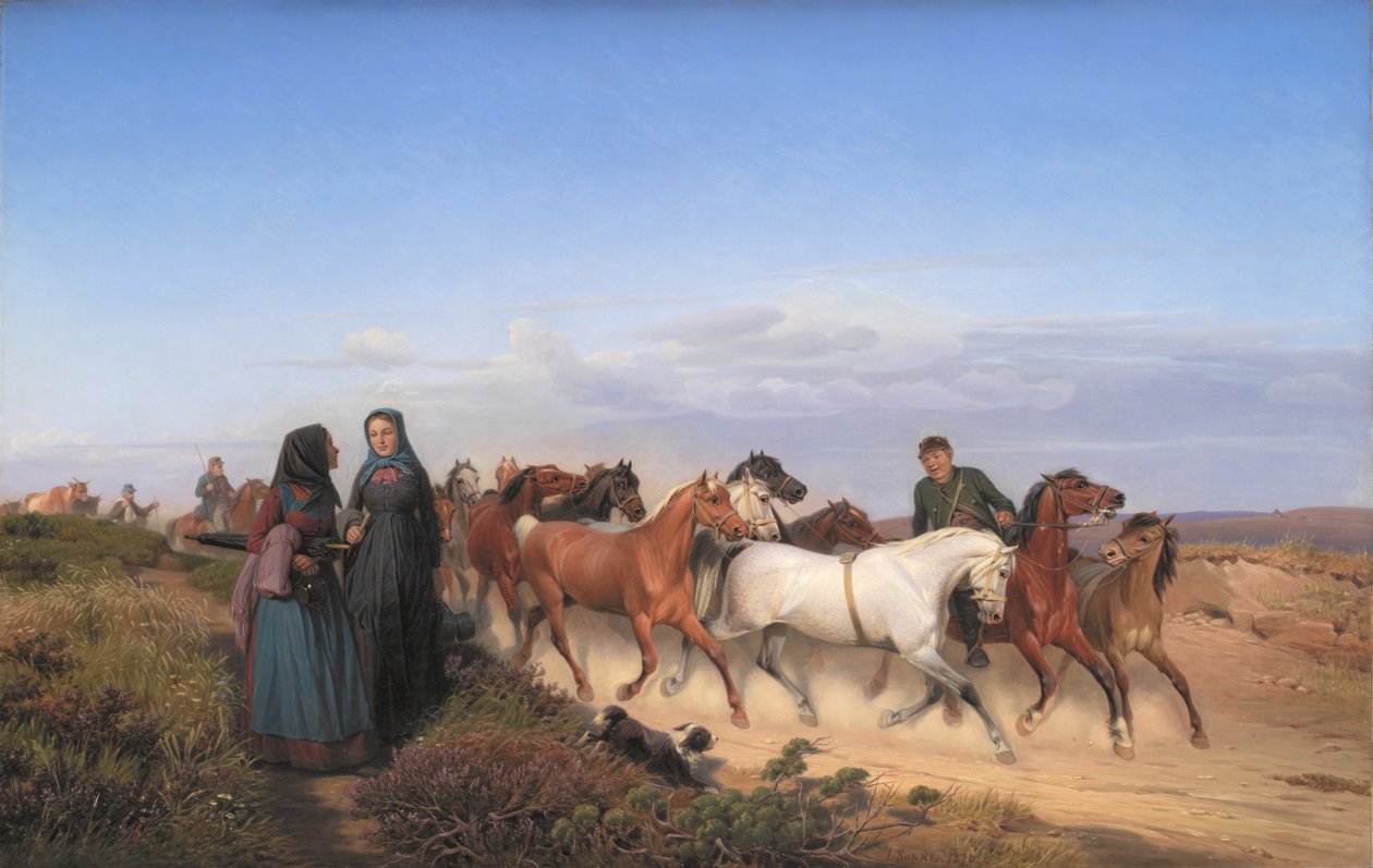 Jutland çiftçileri atlarıyla pazardan eve dönerken by Jørgen V. Sonne