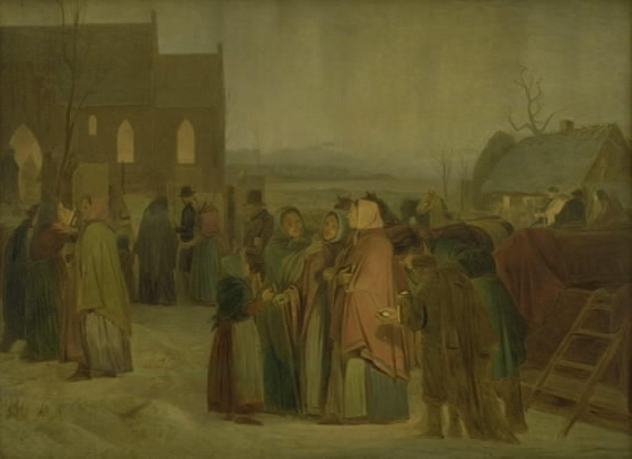 Bir Noel Sabahı Kilisenin Dışındaki Köylüler by Jørgen V. Sonne