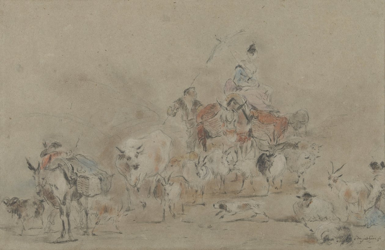 Bir katır üzerinde bir çoban ile göçmen sürüsü by Jérôme François Chantereau