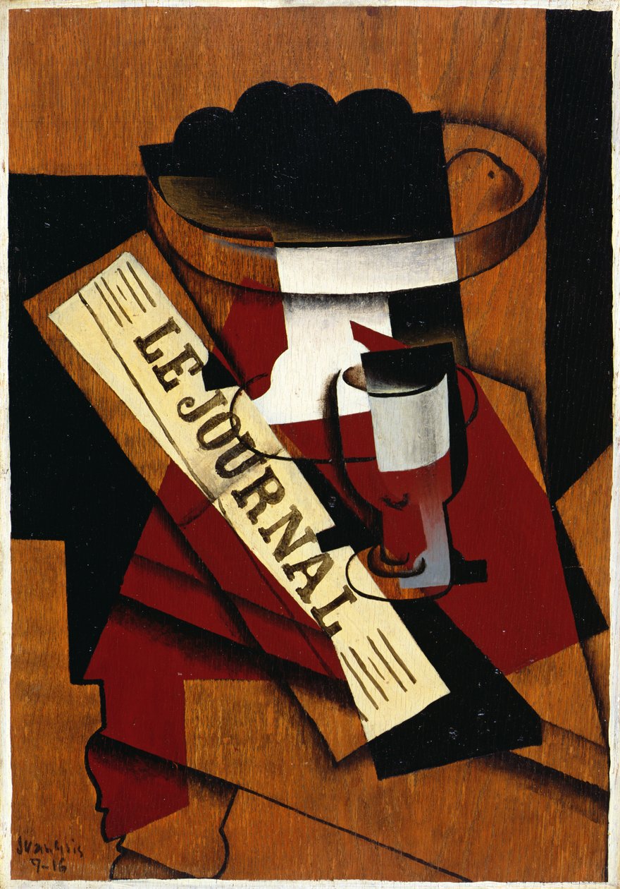Meyve Tabağı, Bardak ve Gazete, 1916 by Juan Gris