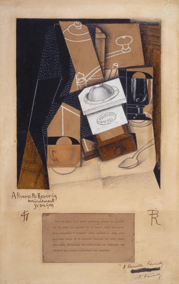 Bir masada kahve değirmeni, fincan ve cam by Juan Gris