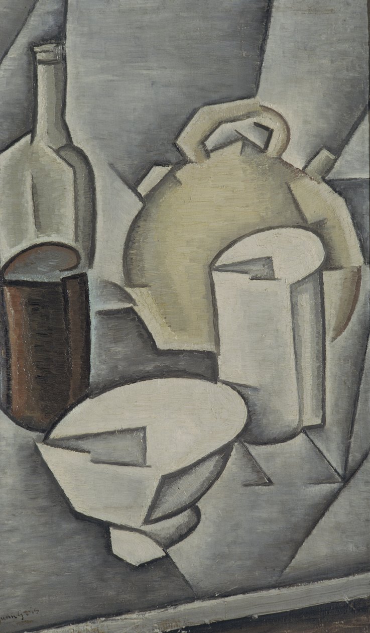 Bir Şişe Şarap ve Bir Toprak Su Sürahisi ile Natürmort, 1911 by Juan Gris