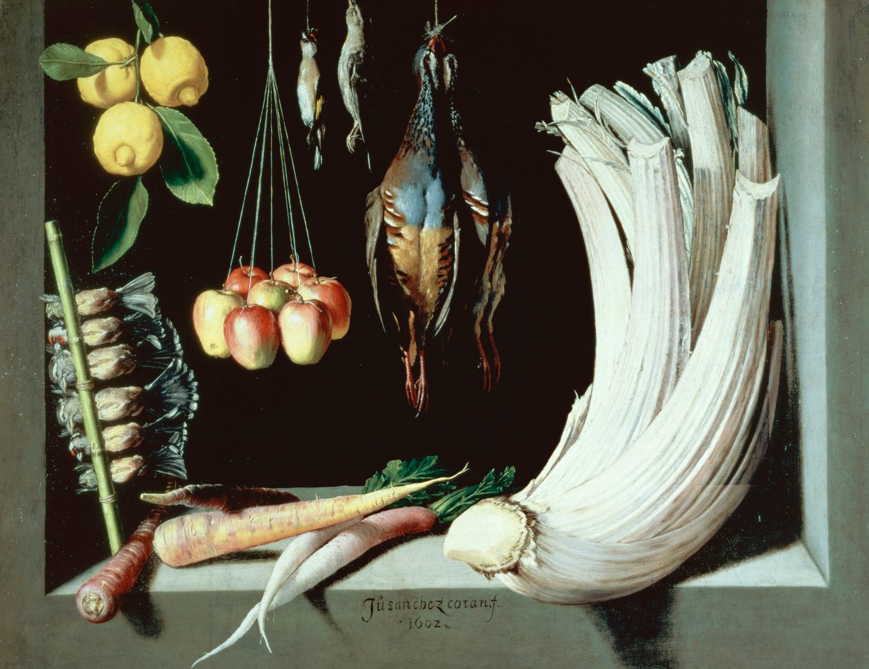 Ölü kuşlar, meyve ve sebzelerle dolu natürmort, 1602 by Juan Sanchez Cotan