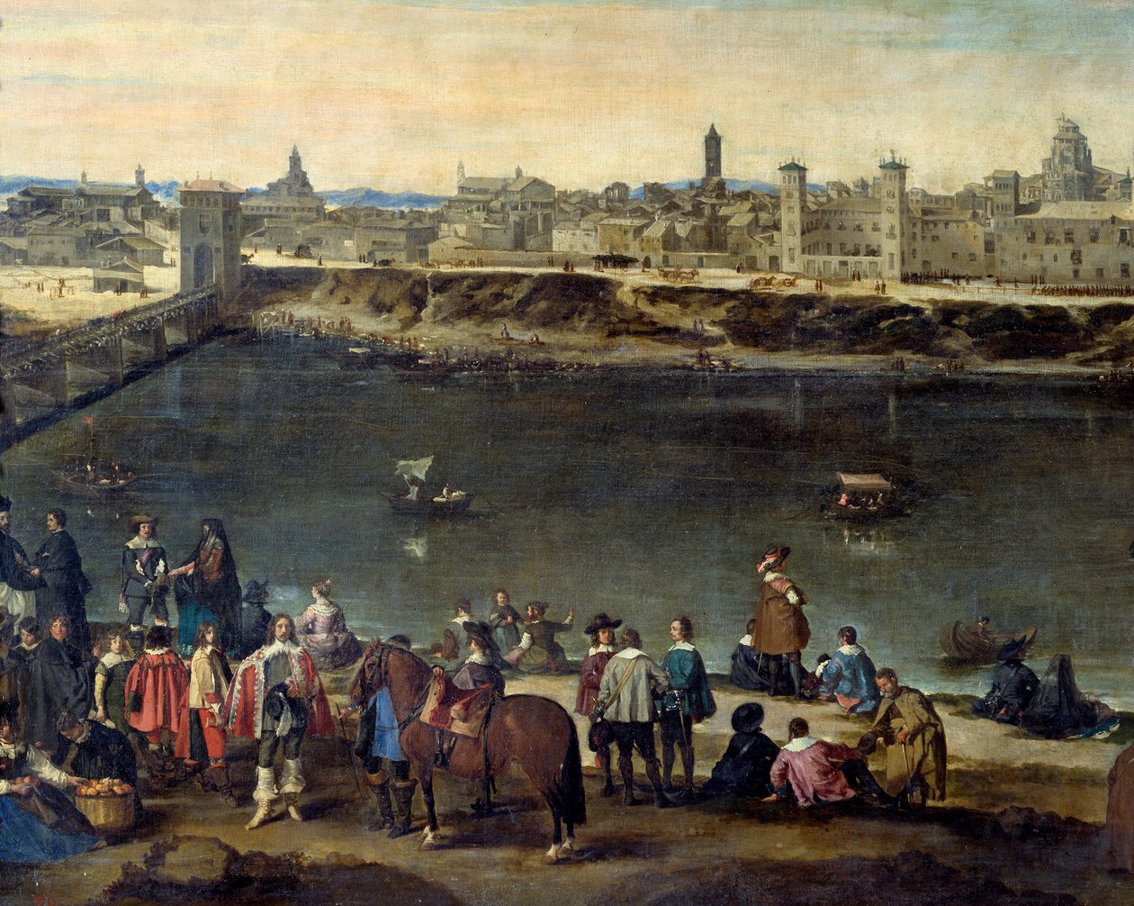 1646 yılında Zaragoza (Zaragoza) şehrinin görünümü Nehir boyunca beyleri ve tüccarları temsil eden detay. Juan Bautista del Mazo (1612-1667) tarafından yapılan tablo 1646 Madrid, Prado Müzesi by Juan Bautista Martinez Del Mazo