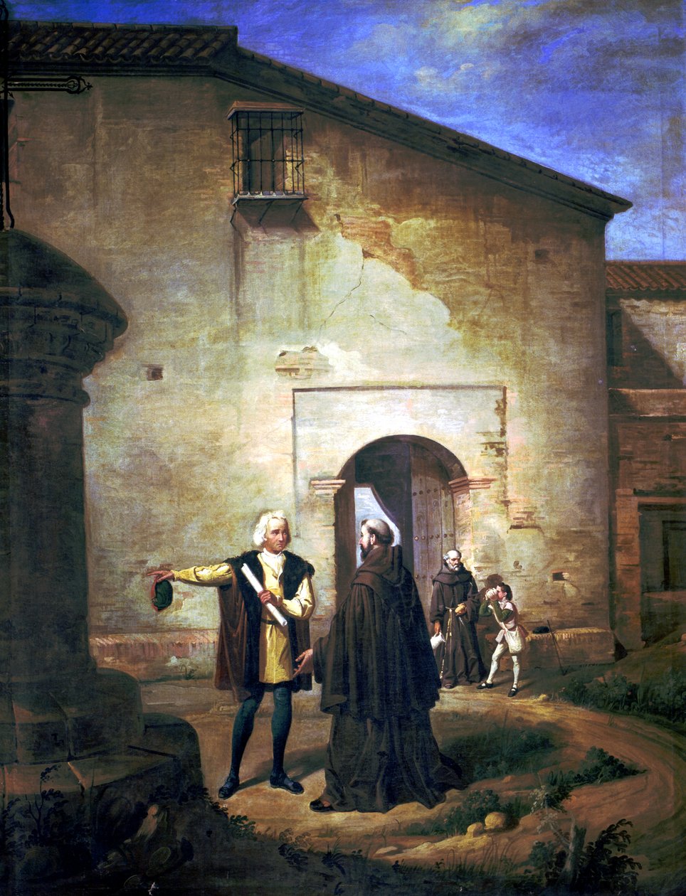 Columbus ve oğlu Diego'nun 1485'te La Rabida dönemi manastırına gelişi (tuval üzerine yağlı boya) by Juan Cabral Bejarano