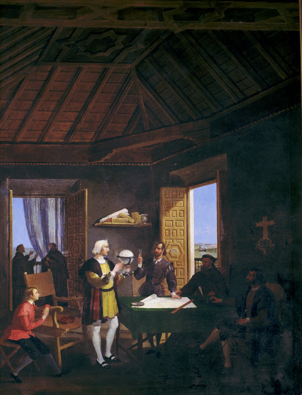 Garcia Fernandez fizikçisi Pera Juan Perez ve Martin Alonso Pinzon, La Rabida dönemi manastırının bölüm evinde sohbet ediyor (tuval üzerine yağlı boya) by Juan Cabral Bejarano
