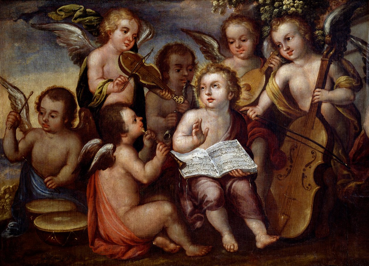 Müzik aletleri çalan melekler ile Bebek İsa by Juan Correa