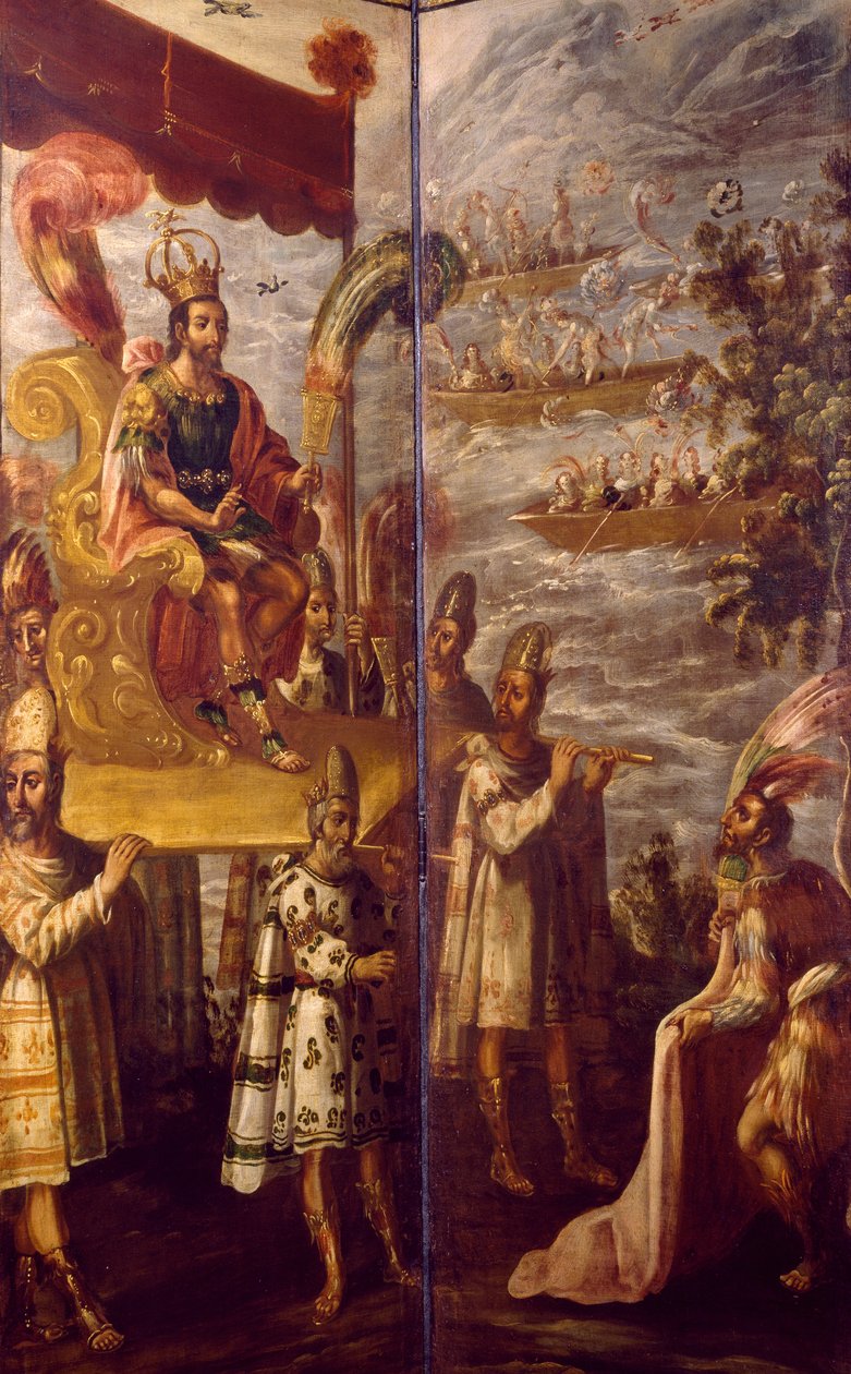 Montezuma, Cortes ve Montezuma'nın karşılaşmasından detay, Juan Correa'ya (1645-1716) atfedilen ekran, tuval üzerine yağlı boya, 250x600 cm by Juan Correa