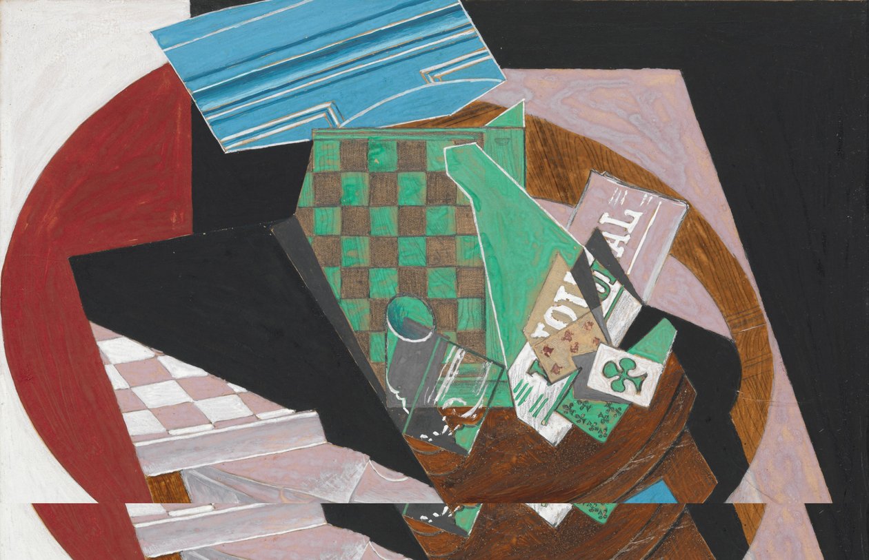 Dama Tahtası ve Oyun Kartları, 1915 (krem renkli dokuma kağıt üzerine guaj, grafit ve reçine, kartona monte edilmiş) by Juan Gris