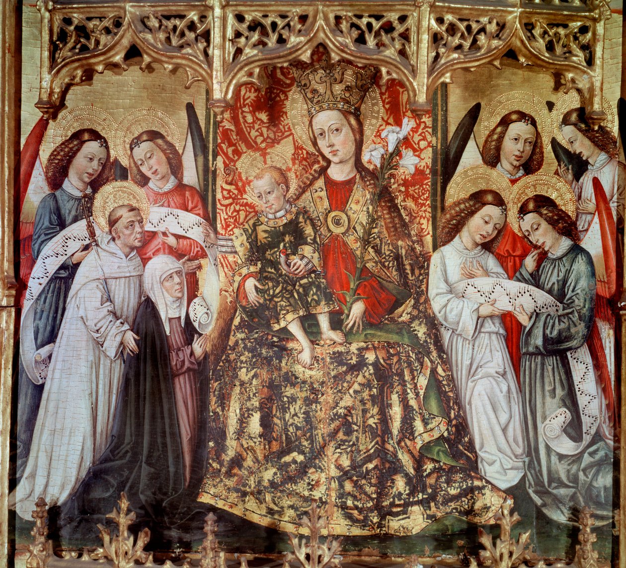 Aziz Ursula Sunağı: “” Azizler ve Meleklerle Bakire ve Çocuk”” Santa Maria di Poblet manastırından Joan Reixach (1431-1482) tarafından resim - 1468 (Altarpiece Santa Ursula, Santa manastırından Joan Reixach tarafından resim Maria de Poblet by Juan Rexach or Reixach