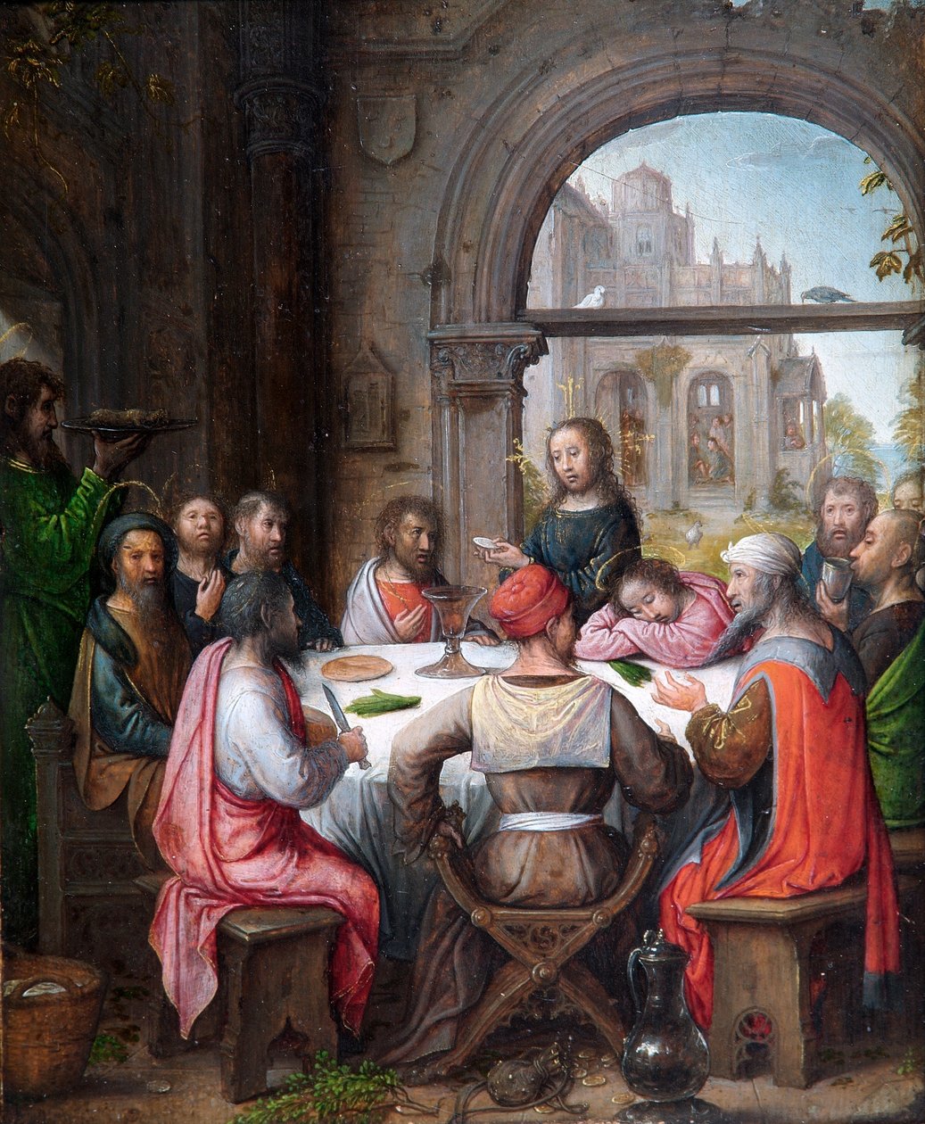 Efkaristiya Kurumu ve Mesih'in Havarilerin Ayaklarını Yıkadığı Son Akşam Yemeği (meşe panel üzerine yağlı boya) by Juan de (school of) Flandes