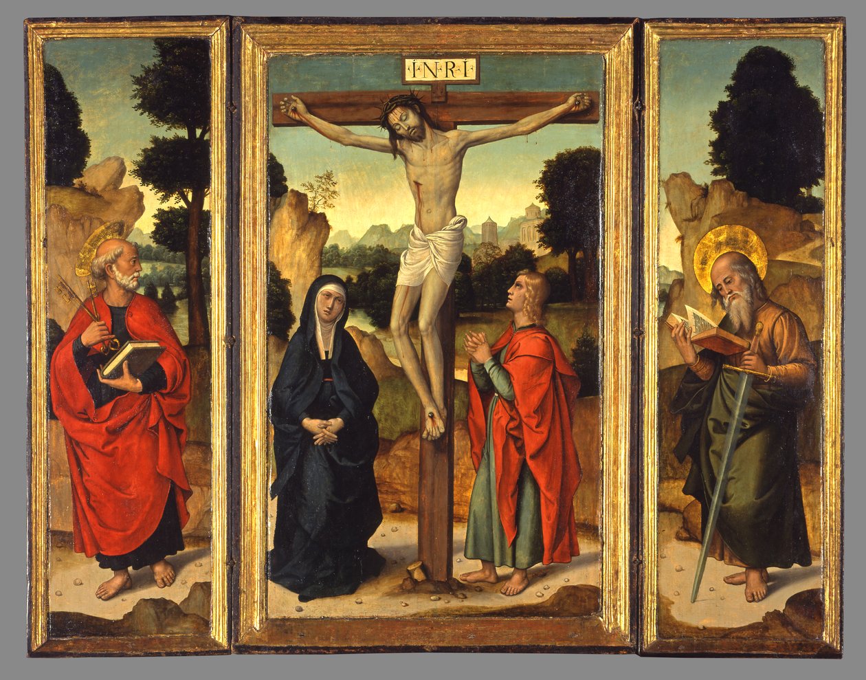 Bakire ve Azizler John the Evangelist, Peter ve Paul ile Çarmıha Gerilme, c.1520-1540 by Juan de Borgoña