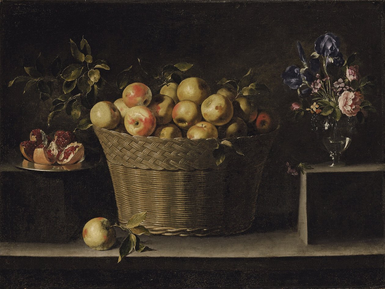 Hasır sepette elma, gümüş tabakta nar ve cam vazoda çiçekler. by Juan de Zurbaran