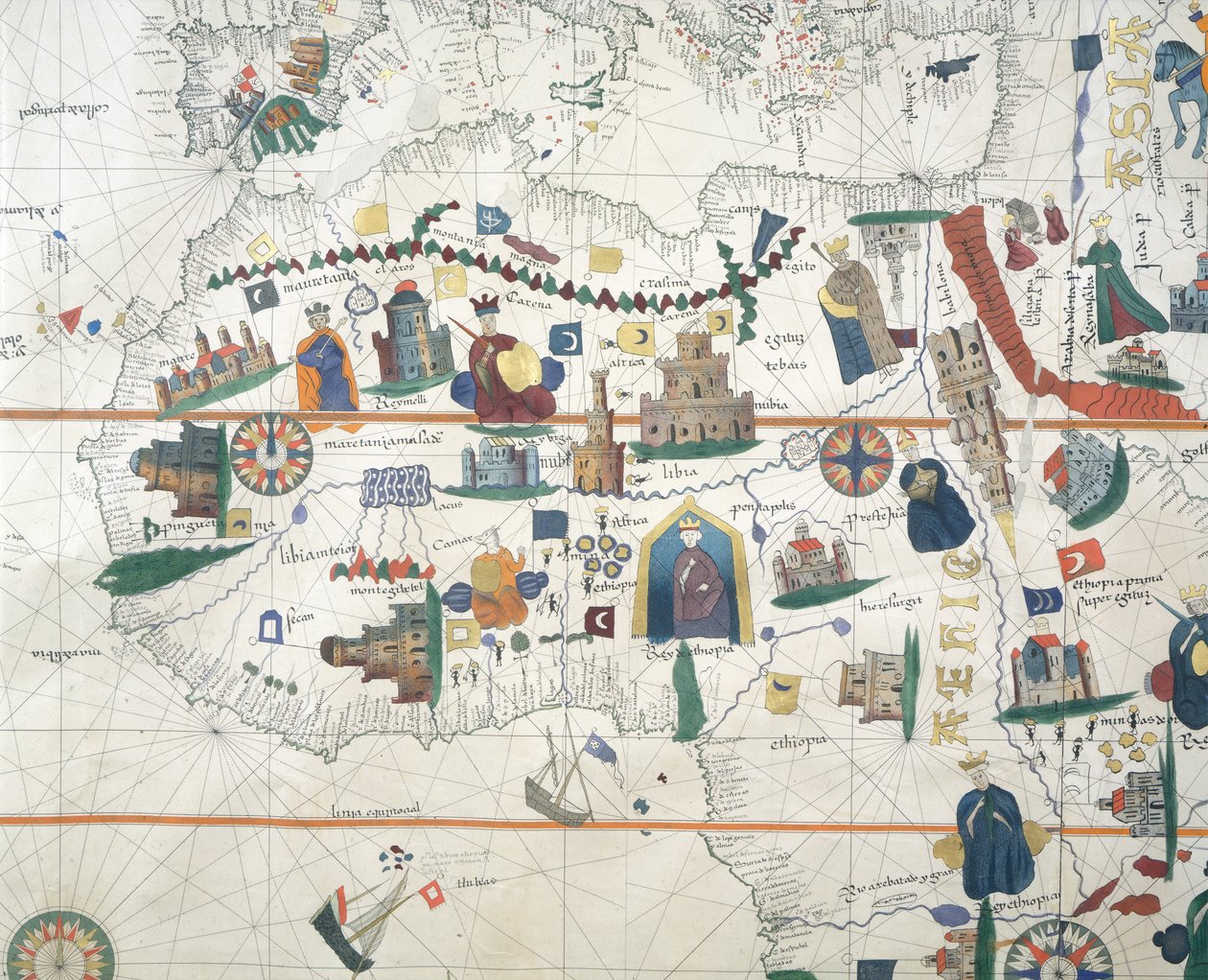 Afrika ve Akdeniz Havzası detayı, Juan de la Cosa, deniz haritası by Juan de la Cosa