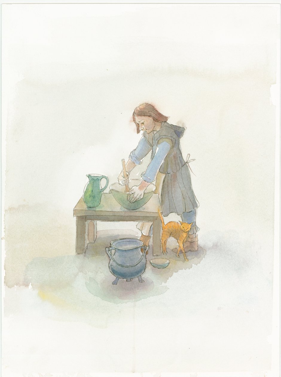 Yemek hazırlayan bir ortaçağ aşçısı, 2004. by Judith Dobie