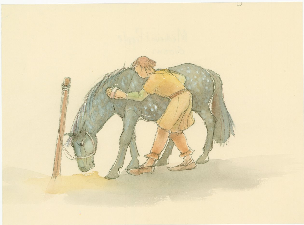 Bir atı fırçalayan bir ortaçağ damat, 2004. by Judith Dobie