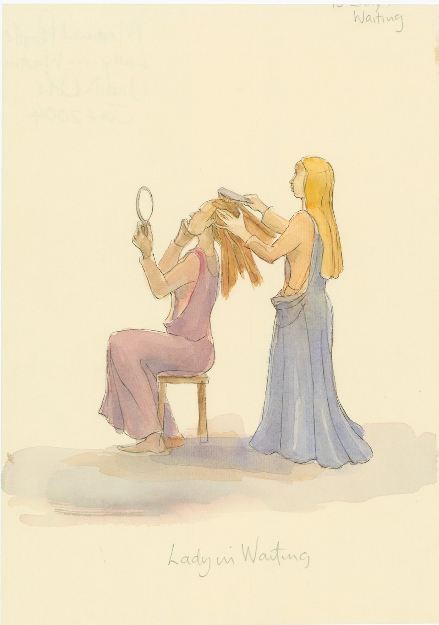 Bekleyen bir ortaçağ hanımı, bir hanımın saçını fırçalıyor, 2004. by Judith Dobie