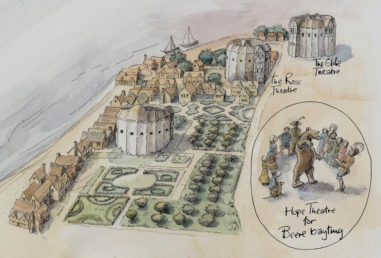 Hope Theatre, Rose Theatre ve Globe Theatre, Southwark, Londra, c1647 2016. by Judith Dobie