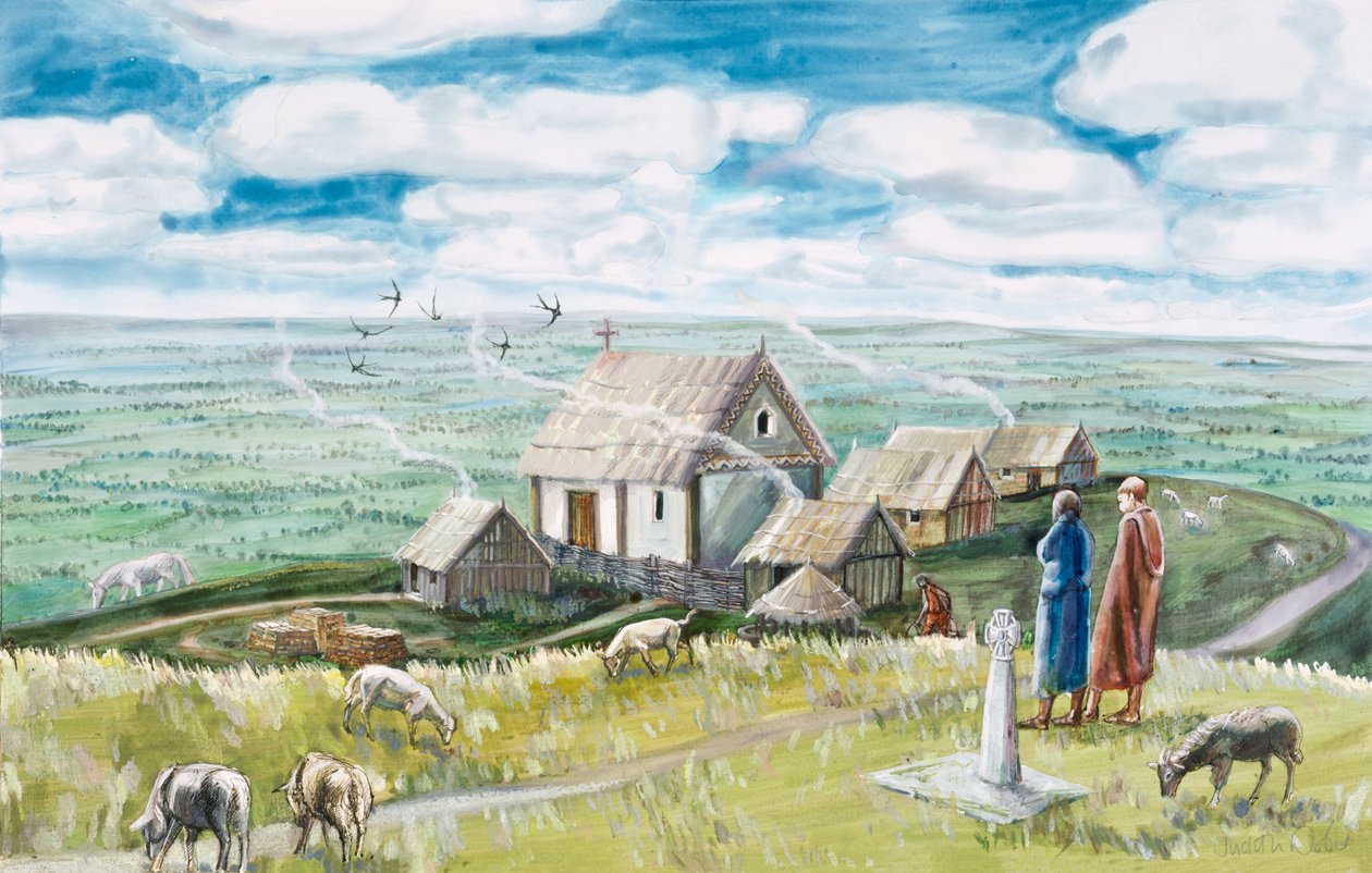 Manastır yerleşimi, Glastonbury Tor, c11. yüzyıl, 1990-2010 by Judith Dobie
