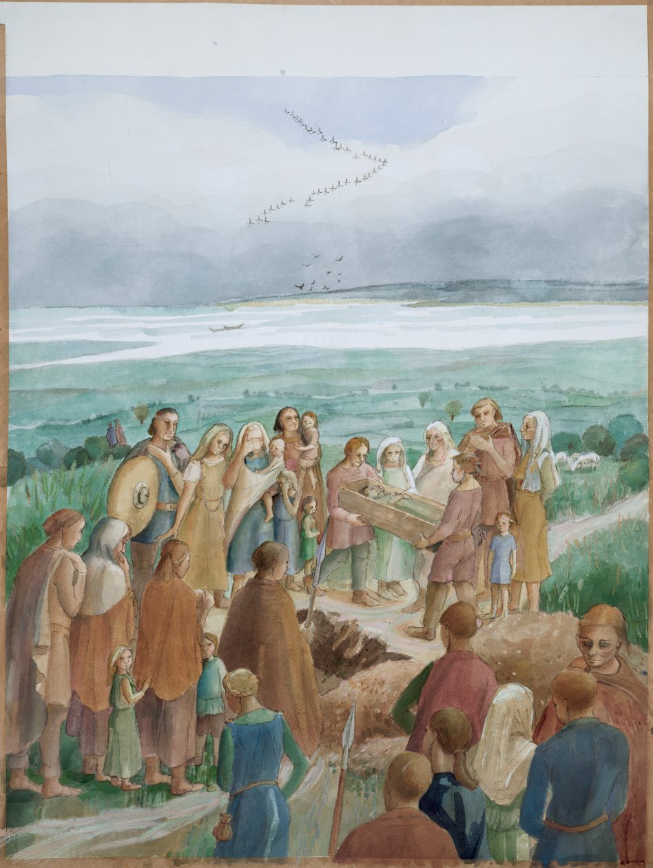 Bir Sakson mezar sahnesinin rekonstrüksiyonu (kağıt üzerine suluboya) by Judith Dobie