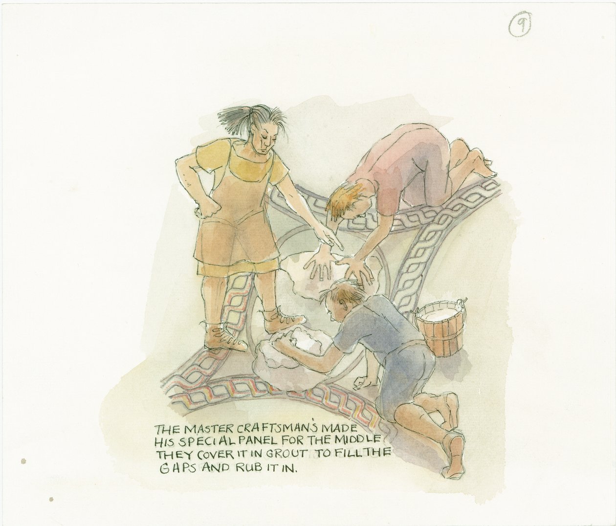Usta zanaatkar tarafından yapılmış ve denetlenmiş bir zemin panelini derzleyen iki işçi, 2003. by Judith Dobie