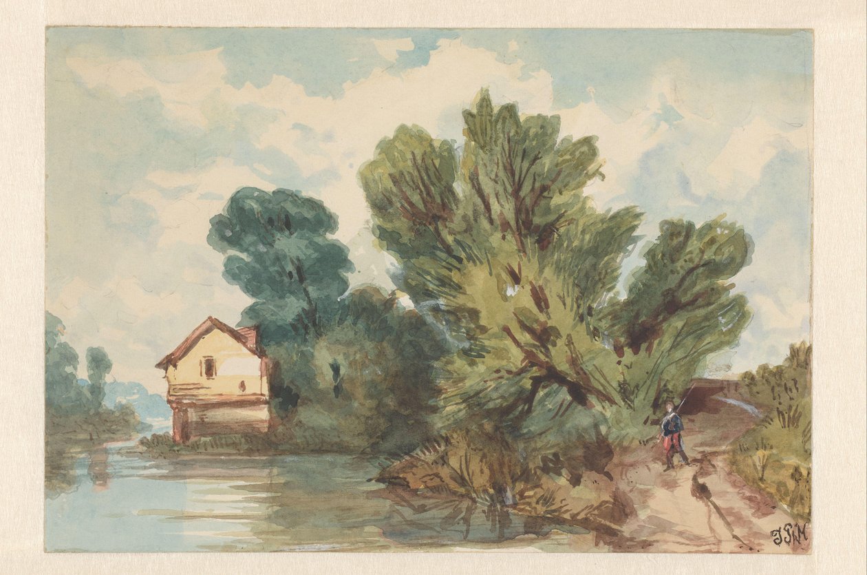 Su üzerinde yürüteç ve ev ile manzara by Judith Ph. Metelerkamp (signed by artist)