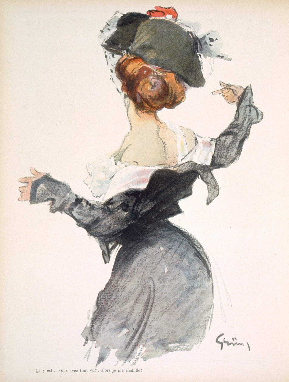 Birinci Dünya Savaşı sırasında alelacele striptiz yapan bir kadının karikatürü, 'La Baionnette', 1915 by Jules Alexandre Gruen or Grun