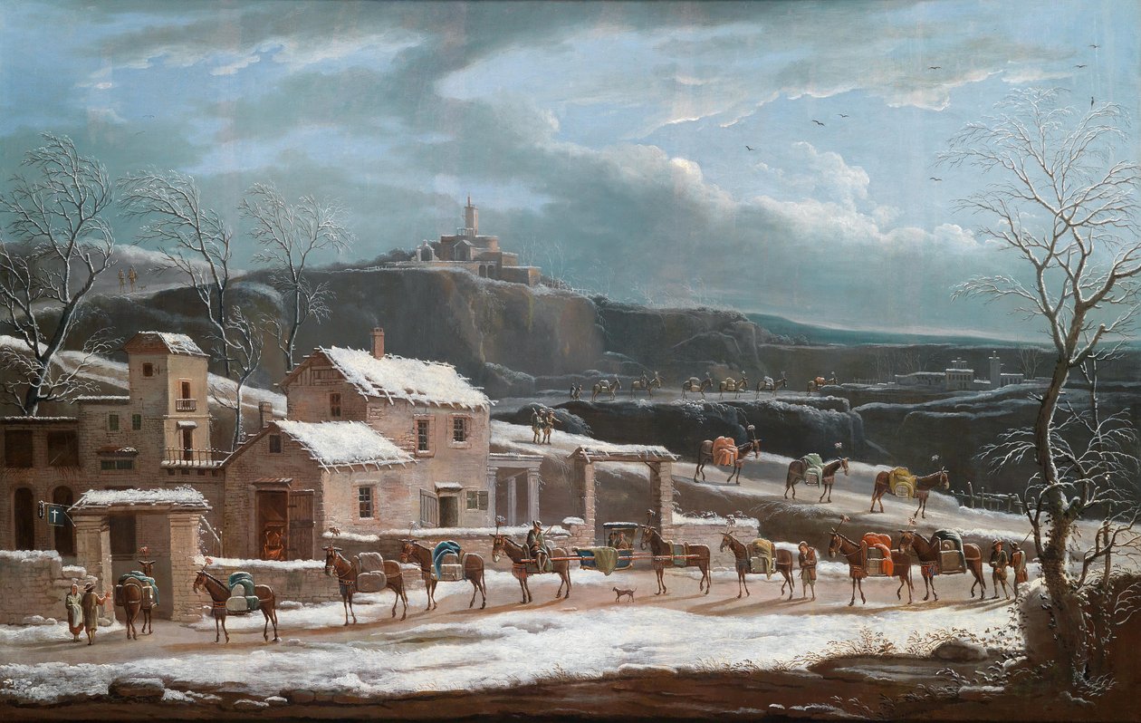 Bir tüccar kervanının olduğu bir kış manzarası by Jules Cesar Denis van Loo