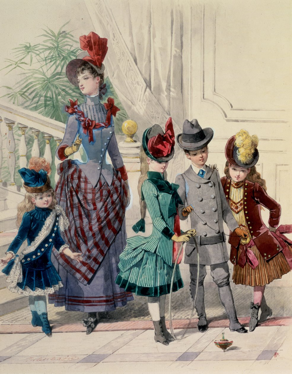 Kapalı kostümlü anne ve çocuklar, Fransız moda plakası by Jules David