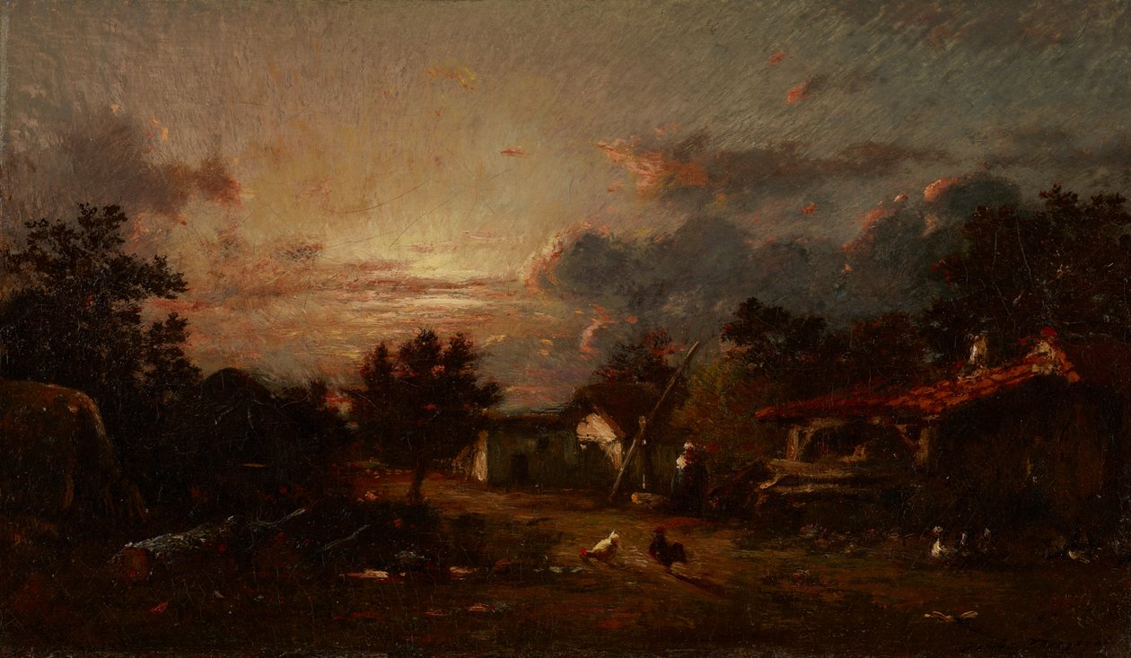 Köy Manzarası, Gün Batımı, 1870 dolayları by Jules Dupré
