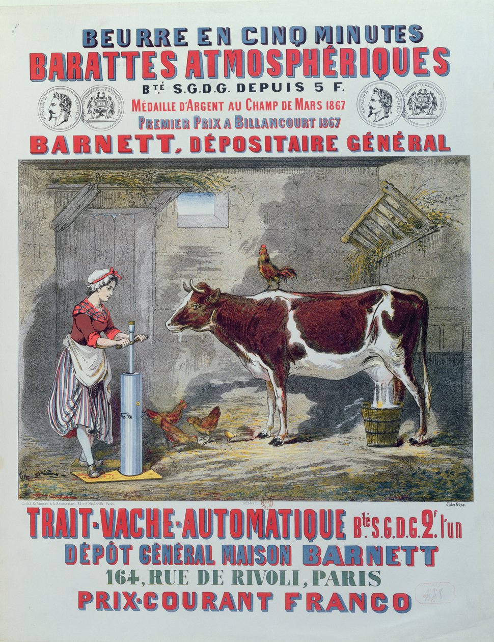Atmosferik Yayık ve Otomatik Sağım Makinesi Reklamı, Maison Barnett, Paris, c.1867 by Jules Gras