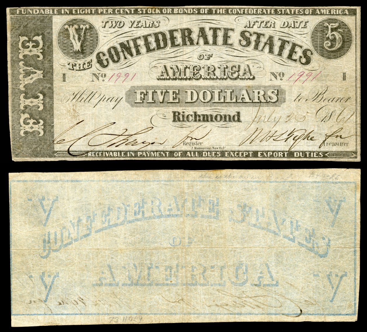 İkinci seri 5 dolarlık Amerika Konfedere Devletleri banknotu. Amerika Konfedere Devletleri cephede, sadece 1861 basılı bir ters ile not verdi. by Jules Manouvrier