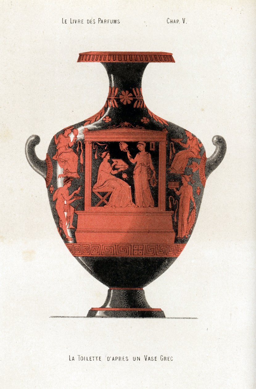 Bir kadını süsleyen Yunan vazosu, bir yelpazeyi sallayan bir köle tarafından desteklenen bir kutu kozmetik ve parfüm tutan bir tuvalet by Jules (after) Cheret