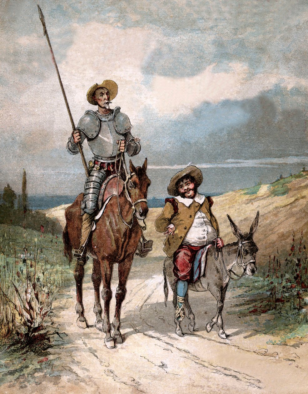 Don Kişot ve Sancho Panza, Miguel de Cervantes#39;in quot;Don Kişot Tarihiquot; kitabının illüstrasyonu, Jules David#39;in gravürü by Jules (after) David