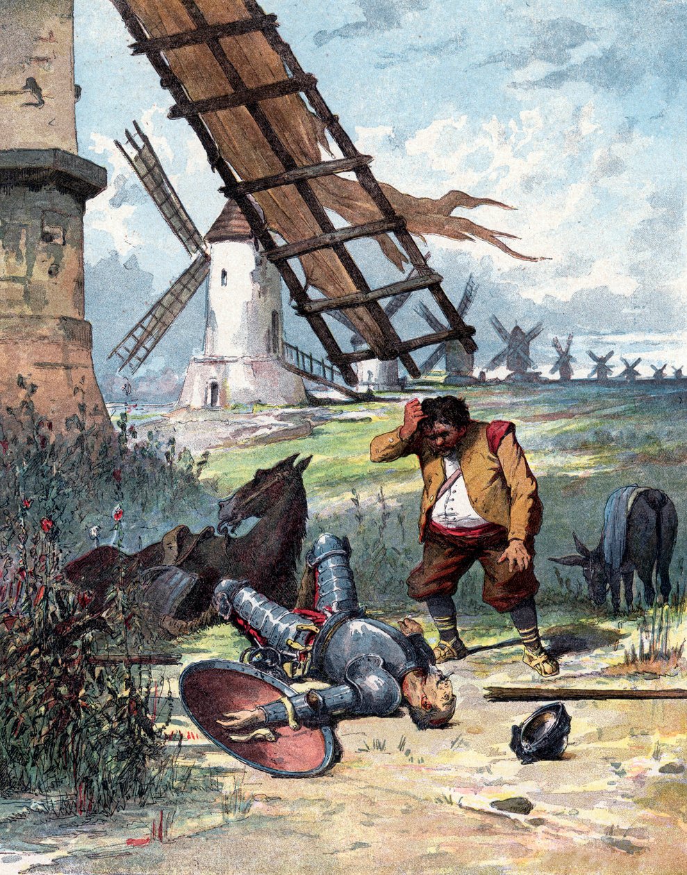 Don Kişot yel değirmenleriyle savaştı ve atından düştü, Sancho Panza efendisine bakıyor, Miguel de Cervantes#39;in quot;Histoire de Don Quichottequot; adlı kitabının illüstrasyonu, Jules David#39;in gravürü by Jules (after) David