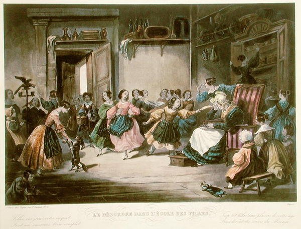 Bir Kız Okulunda Düzensizlik Sahnesi, 19. yüzyıl ortası (renkli gravür) by Jules (after) David
