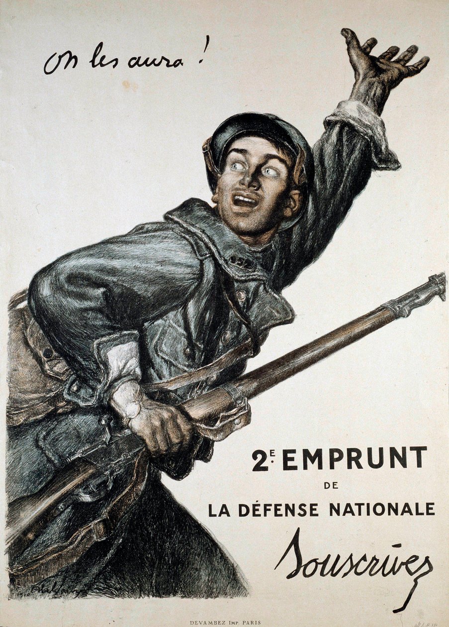 Birinci Dünya Savaşı (1914-1918): Ulusal kredi için Abel Faivre (1867-1945) tarafından hazırlanan poster. Bir asker halkı "Onları yakalayacağız!" diye abone olmaya çağırıyor. - 2. Loan de la Defense Nationale - Abone Ol” by Jules Abel Faivre