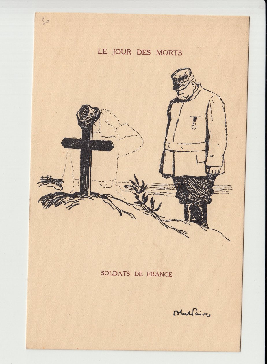 Kartpostal, Satirique en N & B, yak. 1915: Ölülerin Günü - 14-18 Savaşı, Yas Obseques Funerailles - Joffre, Askerler Çizimi Abel Faivre (1867-1945) by Jules Abel Faivre