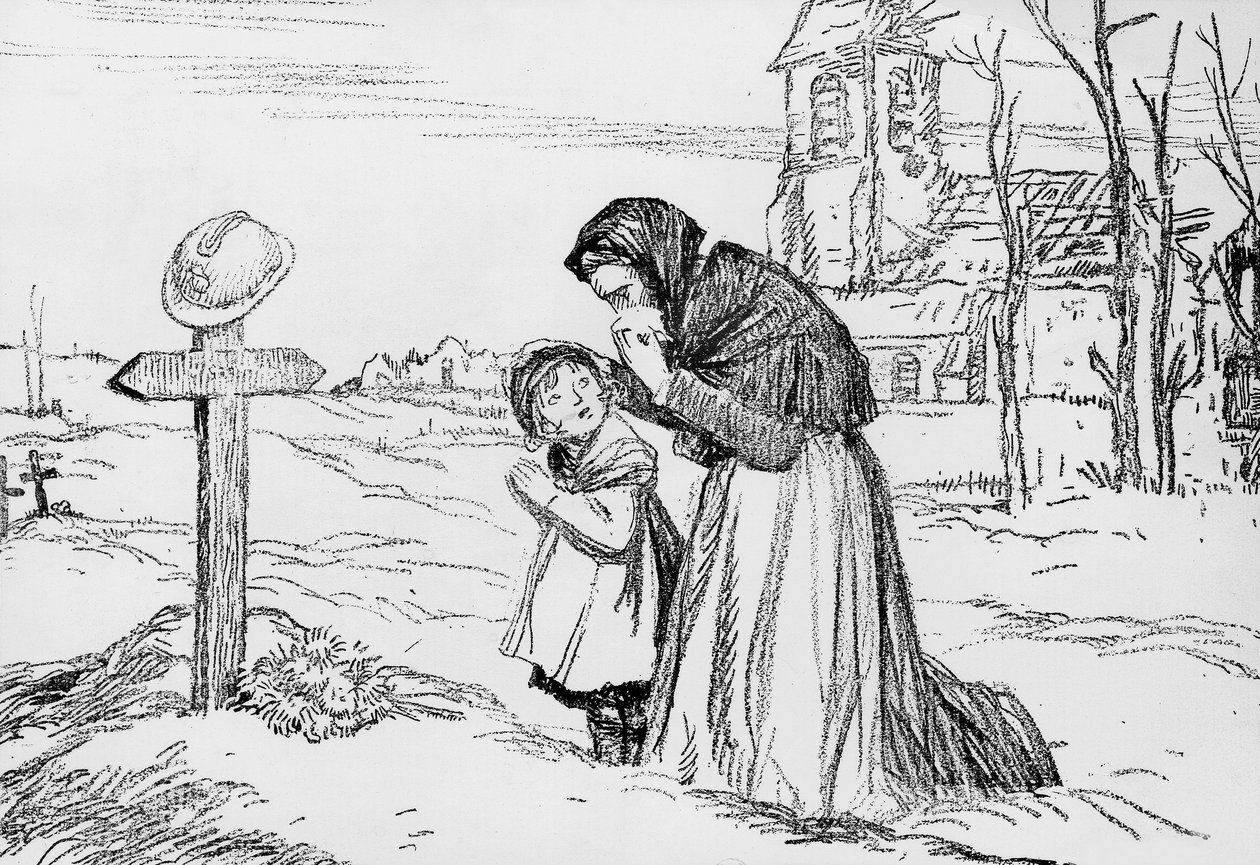 Dul kadın ve küçük kızı, Birinci Dünya Savaşı sırasında babalarının ve kocalarının mezarı başında ağlarken, 1 Kasım by Jules Abel Faivre
