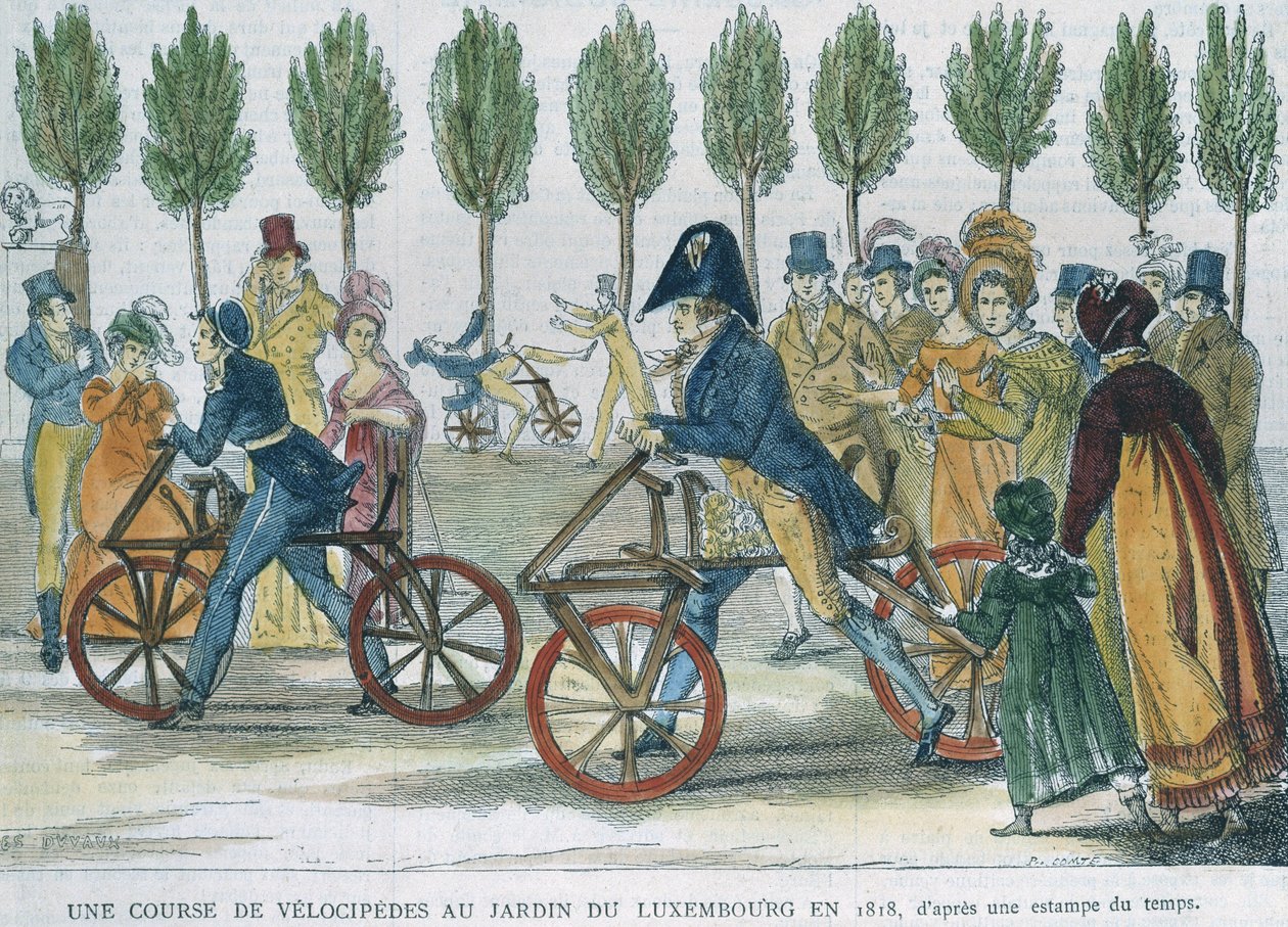 1818'de Jardin du Luxembourg'da bir velocipede yarışı, zamanın bir gravürünün ardından, P. Comte (19. yüzyıl) tarafından oyulmuş (renkli gravür) by Jules Antoine Duvaux