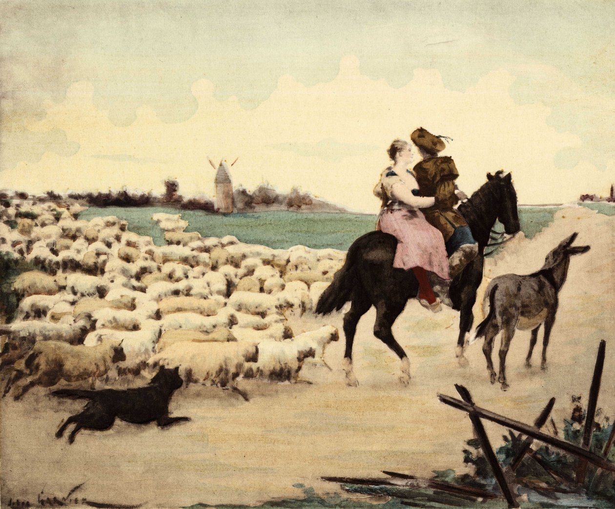 Bir konak ve at üstünde bir çoban. Bir eşeğin hakkı var. Koyun ve yanındaki çobanın köpeği. Pantagruel. Jules Garnier tarafından çizilmiştir. "Rabelais et l