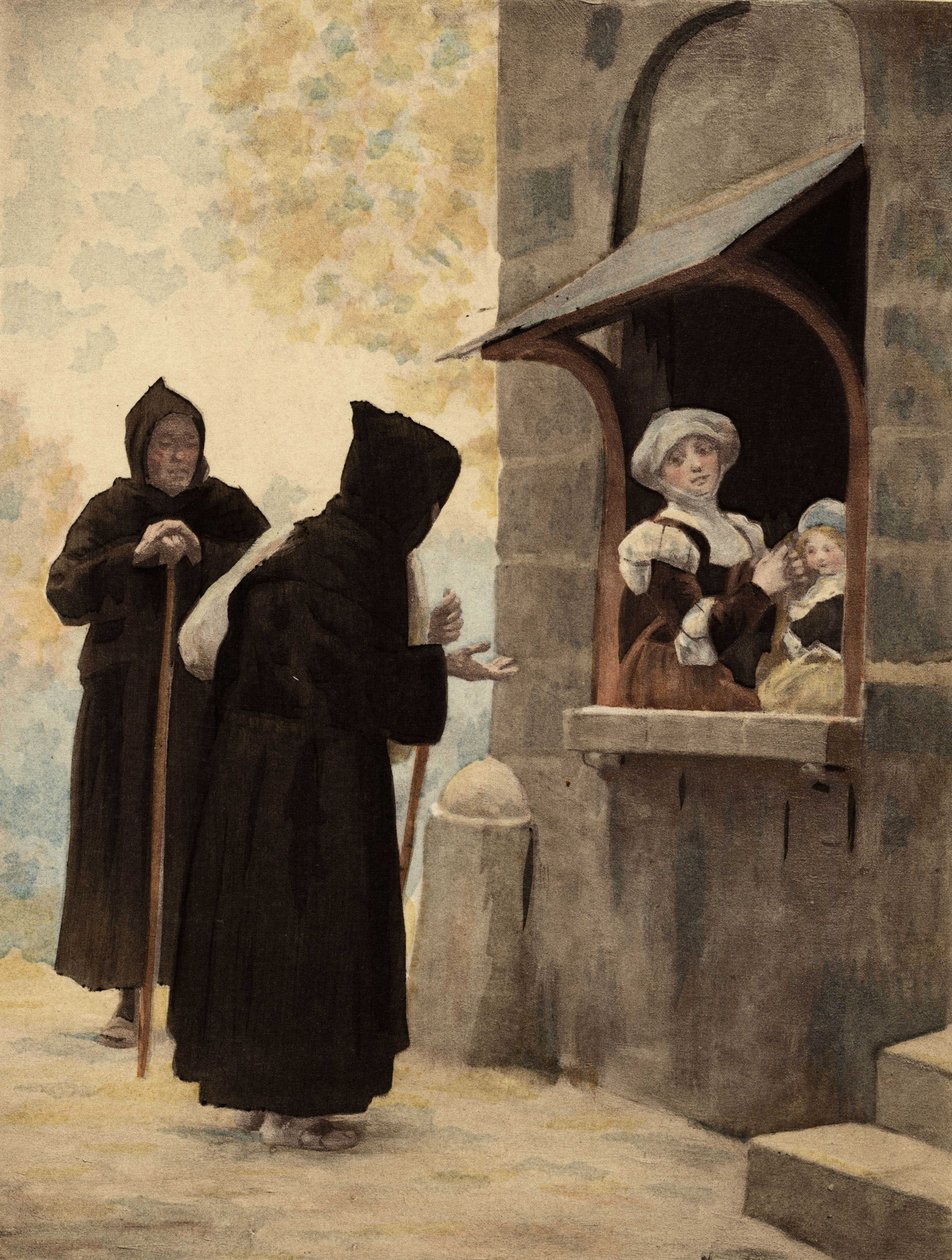 Panurge, Dilenci Kardeşler Tarikatı rahibelerine hitap ederken. Pantagrue l. Jules Garnier tarafından illüstrasyon. "Rabelais et l