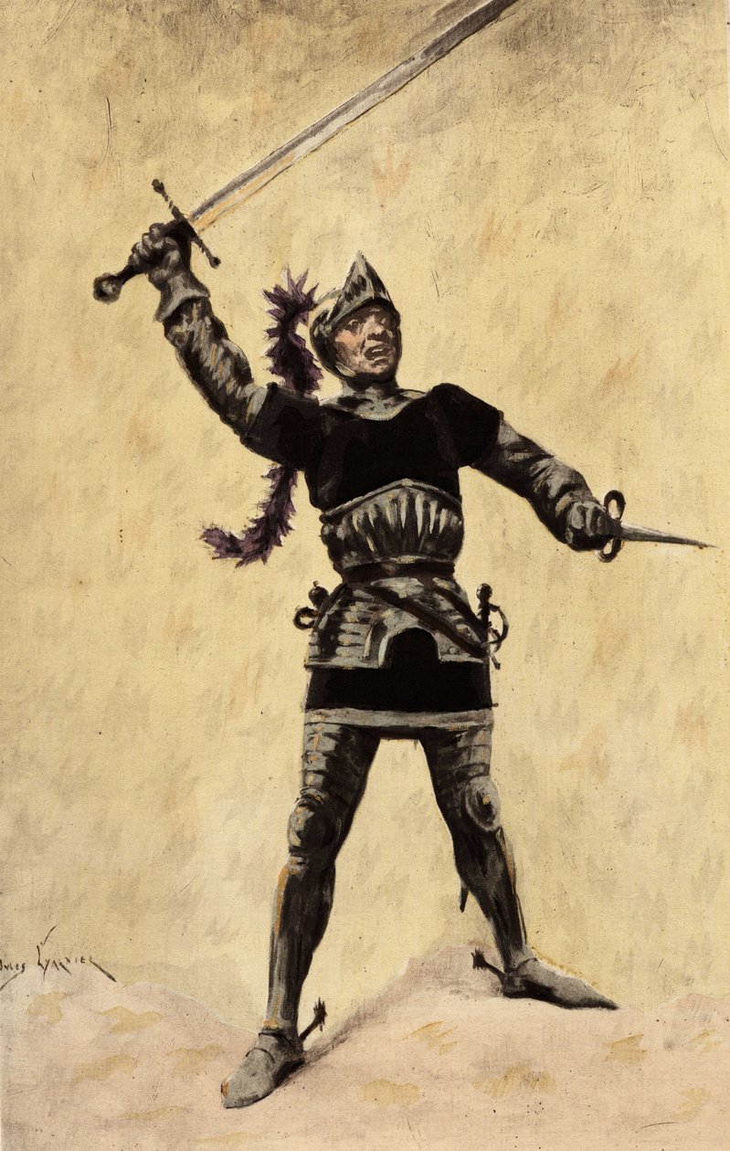 Lerne kralı Picrochole, zırh giymiş ve kılıcını sallıyor. Gargantua. Jules Garnier tarafından çizilmiştir. "Rabelais et l