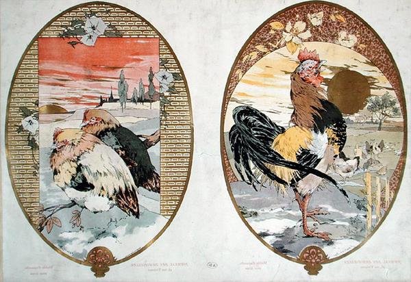 Horoz ve tavuklar, ekran için tasarım, c.1900 (renkli taş) by Jules Auguste Habert Dys